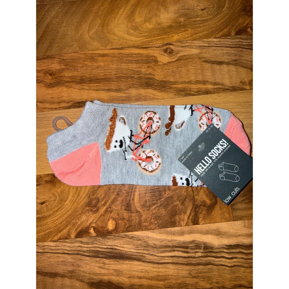 Hello Socks Low Cut Ankle Socks Womens OS‎ 4-10 Grey Pink NEW Coffee Donut Bike
